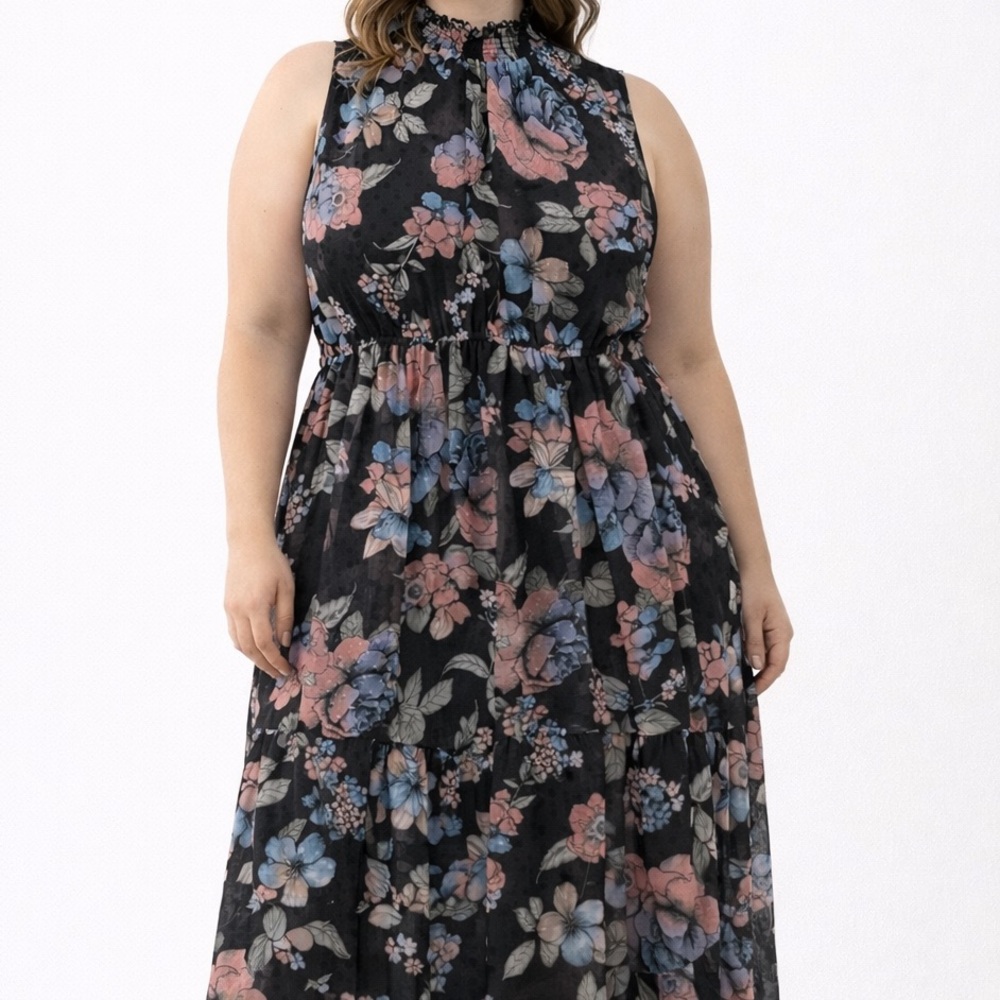Torrid Black Floral Clip Dot Midi Dress 0X